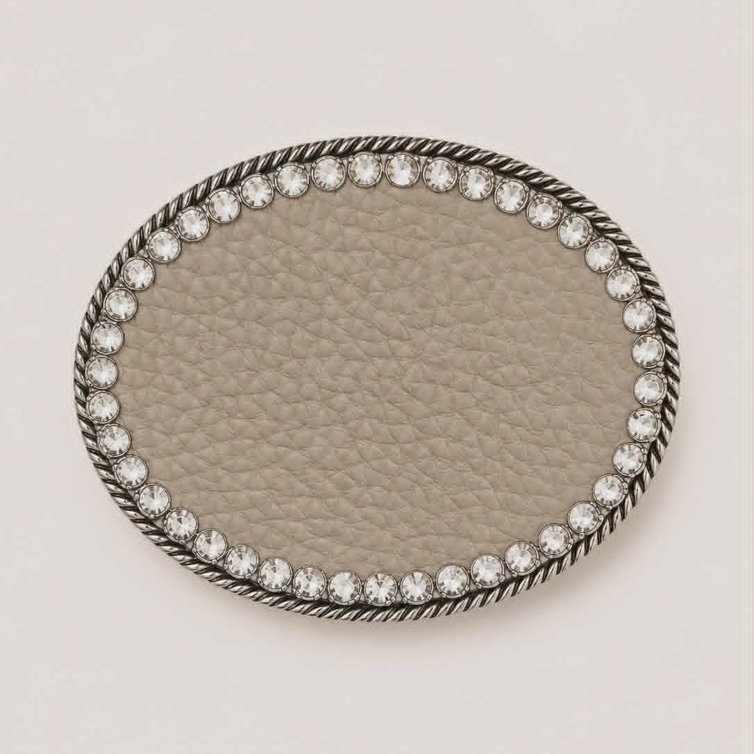 Beige Pebble Leather Crystal Belt Buckle