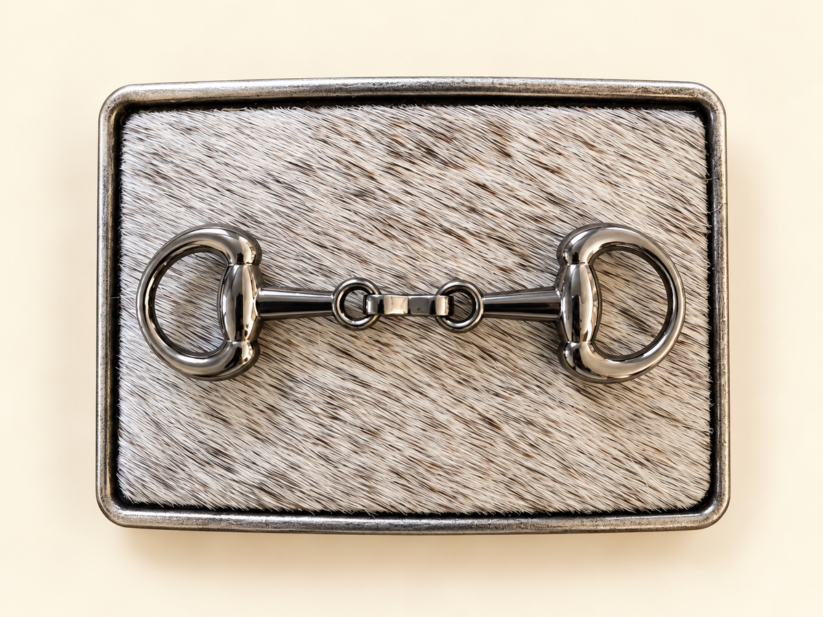 White & Gray Cowhide w/Gunmetal Horsebit
