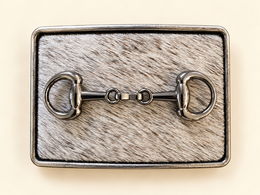 White & Gray Cowhide w/Gunmetal Horsebit