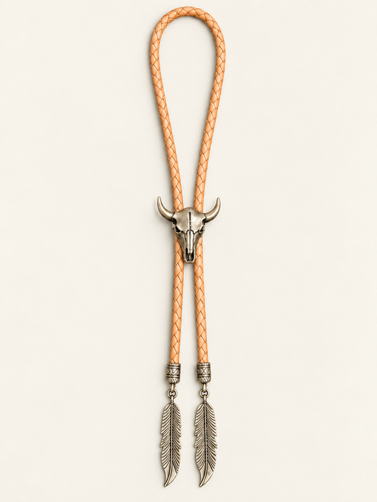 Handcrafted Leather Bolo w/Silver Longhorn Slide & Silver Feather Tips