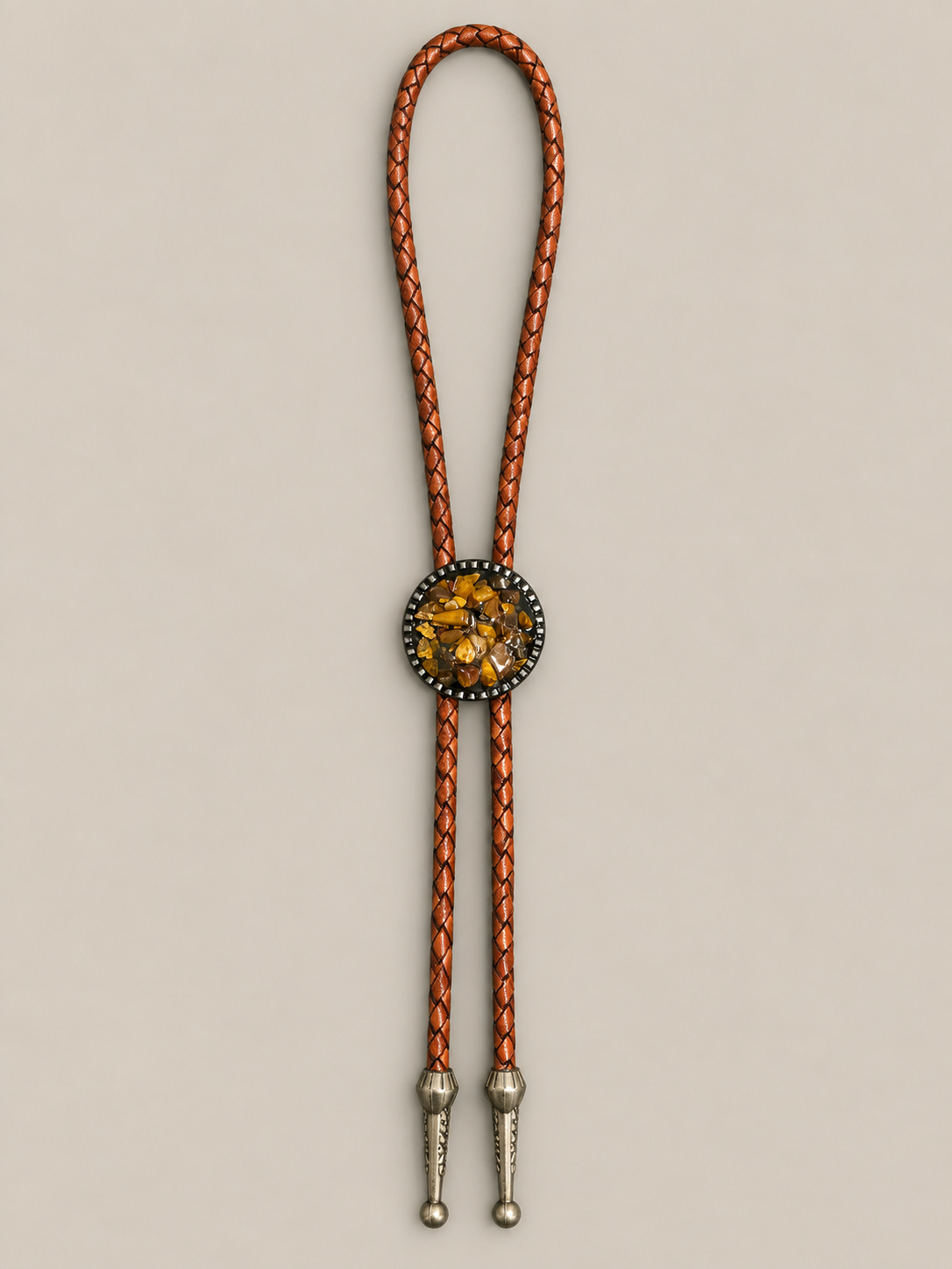 Handcrafted Leather Bolo w/Tiger Eye Gem Slide & Silver Tips