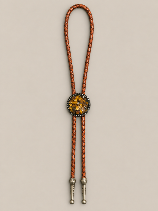 Handcrafted Leather Bolo w/Tiger Eye Gem Slide & Silver Tips