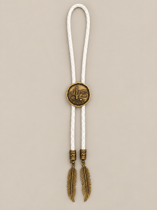 Handcrafted Leather Bolo w/Antique Bronze Slide & Bronze Feather Tips