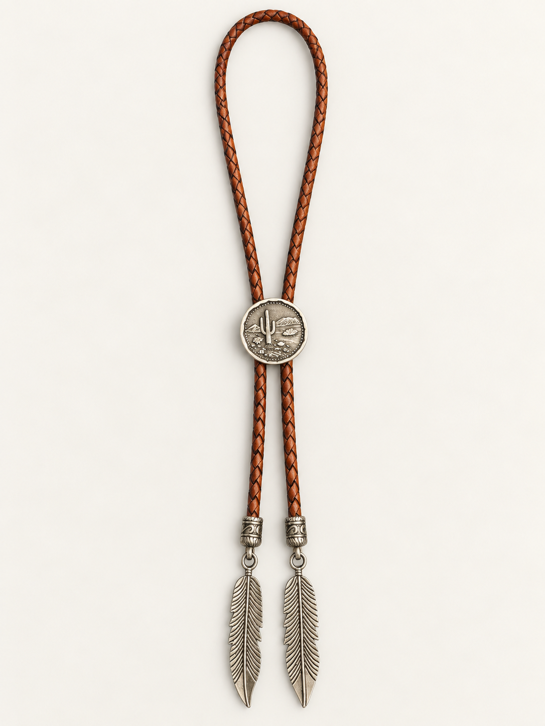 Handcrafted Leather Bolo w/Antique Silver Slide & Silver Feather Tips