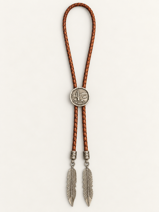Handcrafted Leather Bolo w/Antique Silver Slide & Silver Feather Tips