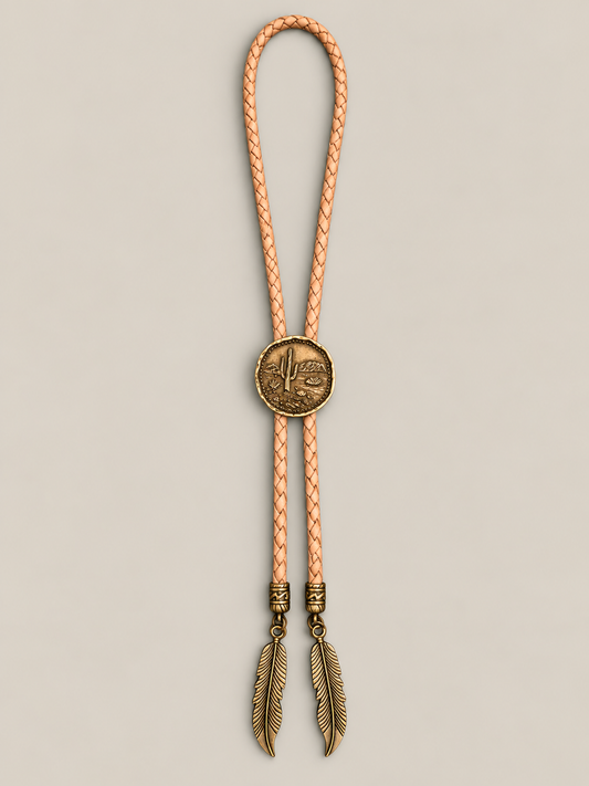 Handcrafted Leather Bolo w/Bronze Slide & Bronze Feather Tips